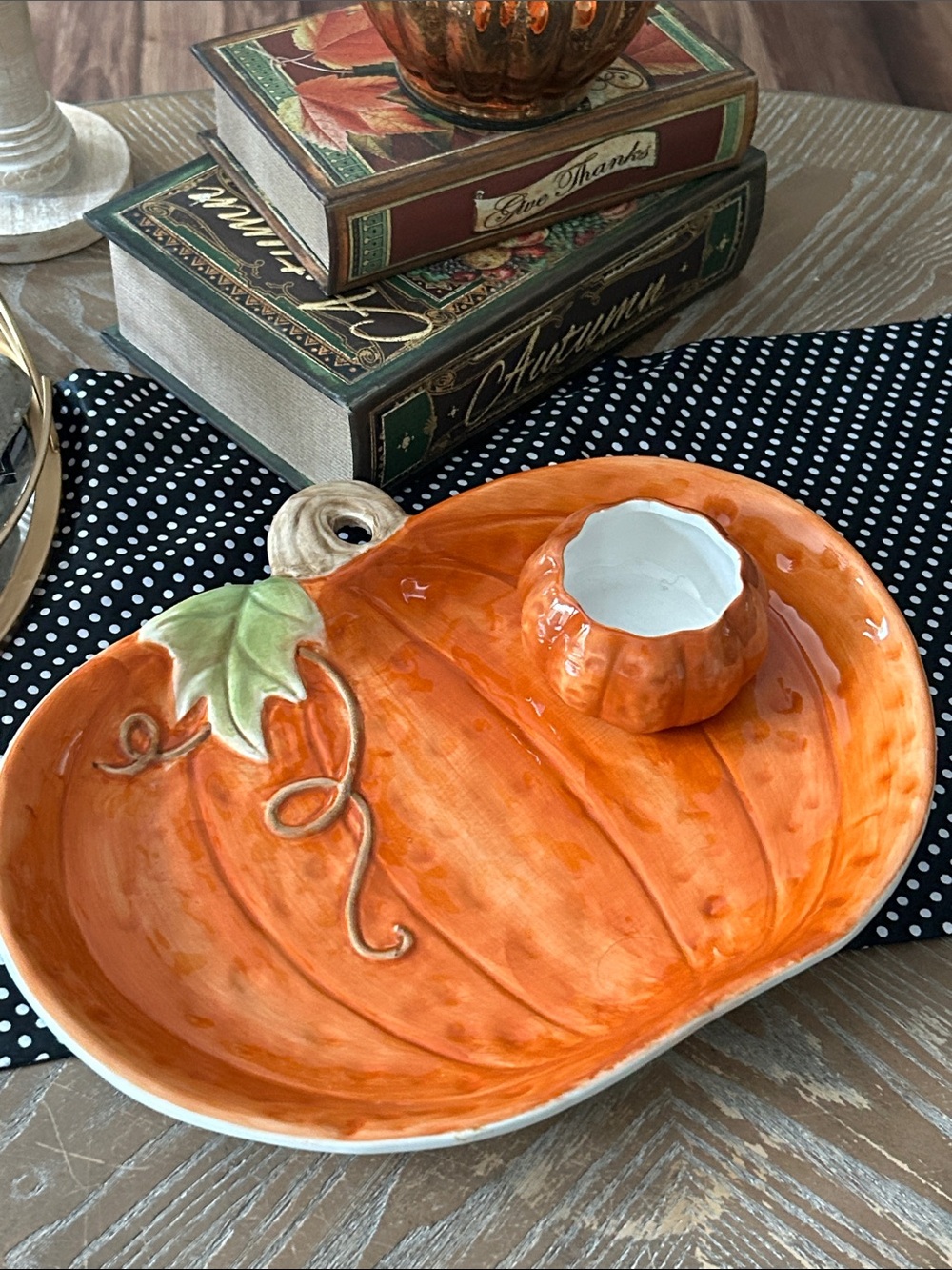 LARGE Fall Autumn Harvest Ceramic Pumpkin Serving Platter & Dip Bowl